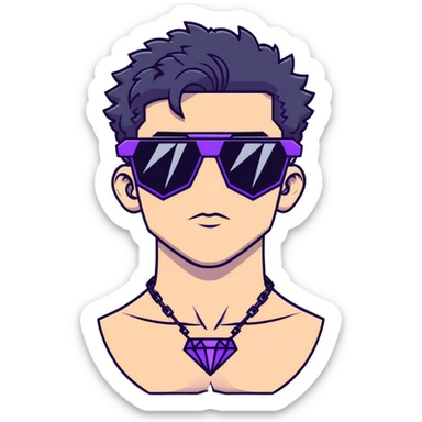 shirtless male athlete with white skin and moderately curly black hair on top with shaved sides, wearing sharp angular geometric purple sunglasses with very dark heavily tinted black lenses, and a simple plain black chain necklace, no earrings sticker