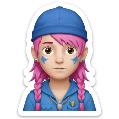 scout boy long hair face tatooes pink haired, wearing blue cap sticker