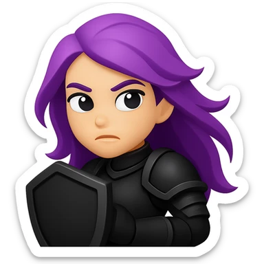 Create an emoji style image of a mysterious warrior girl with flowing purple hair and black armor holding a shield and looking determined. Keep the style and colors consistent with the reference image. No background. sticker