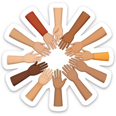 Emoji-style icon showing several diverse hands forming a circle or high-five together, symbolizing unity and team spirit. Flat minimal Apple-style emoji, bright colors, white background, soft shadows. sticker