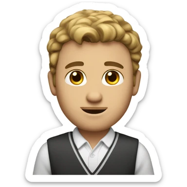 he has dark blonde hair and he has bown eyes, he is a teacher and he is makig ok sing sticker