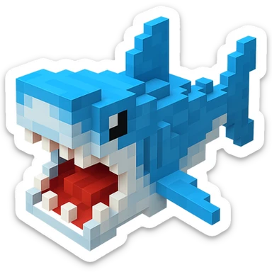 voxel style shark, open mouth, blocky, blue and silver, no background sticker