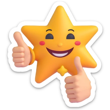 star shape with a smiling face, winking eyes, right hand making a welcoming gesture, left hand giving a thumbs up sticker