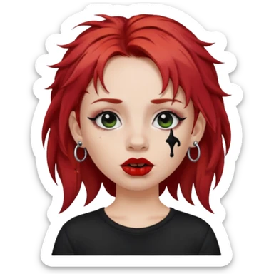 apple style emoji of a fair-skinned girl, messy red hair, black t-shirt, black lipstick, septum piercing, multiple ear piercings sticker