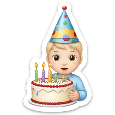 cute baby wearing birthday hat with birthday cake sticker
