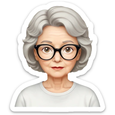 white older woman, about 65 years old, light warm skin, wide face, black wavy neck-length 80s short hair, low volume, neutral expression, large black shiny butterfly or cat-eye glasses, white casual t-shirt sticker