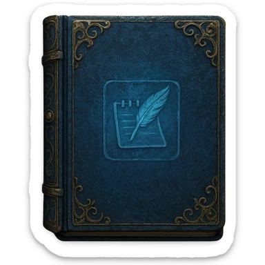 Windows 11 Notepad icon in the style of an old blue leather-bound notebook, Elden Ring note style, ornate corners, mystical blue, aged texture, no text, just the notepad look, option 4 sticker