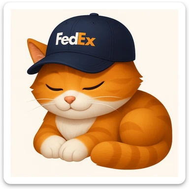 sleeping cat emoji with a FedEx uniform cap in a different pose sticker