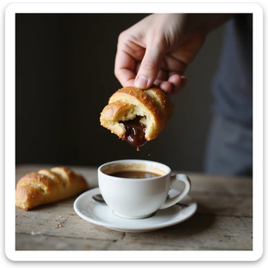 Primo piano di una mano maschile che afferra un cornetto confezionato e un caffè zuccherato per colazione, sfondo cucina, testo in italiano: 'Colazione veloce, sempre la stessa'. sticker