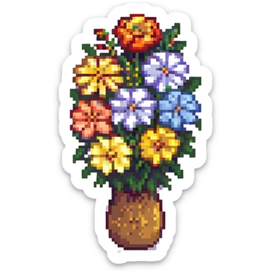 pixel art bouquet of mixed flowers, bright colors, retro game feel sticker