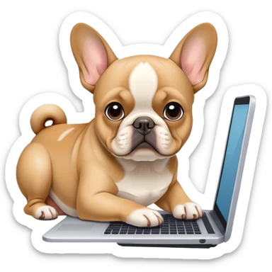 Fawn french bulldog working behind computer sticker