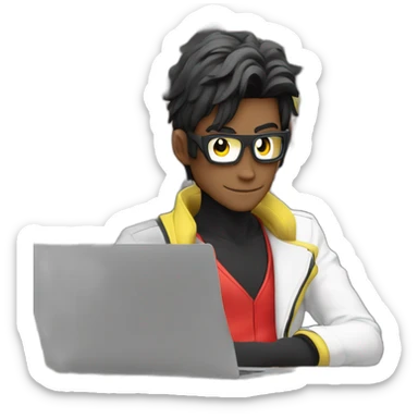 developer behind his laptop with this style :  goldorak manga anime with developer themed character sticker