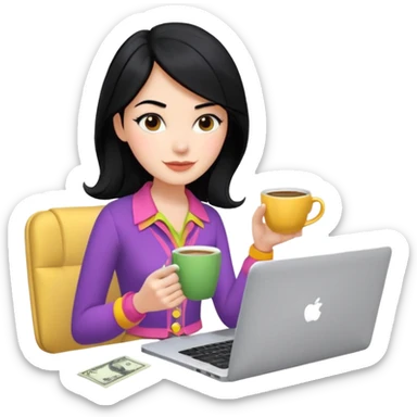  woman character with laptop and coffee in Paris, dollars coming out from the screen floating, colorful chic outfit, white laptop, Pixar style, black hair, fair skin,  sticker