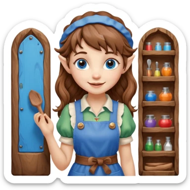 Kind happy whimsical quirky Girl toymaker, wood carving elf. Woodland creator. Blue eyes. brown hair (just below chin length) wavy hair & bangs. Whimsical playful cute sticker