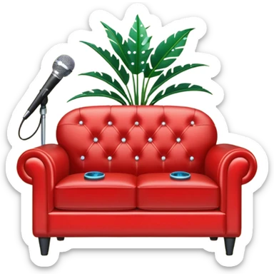 swanky red leather loveseat with a mic in front, plant in back, and sparkles sticker