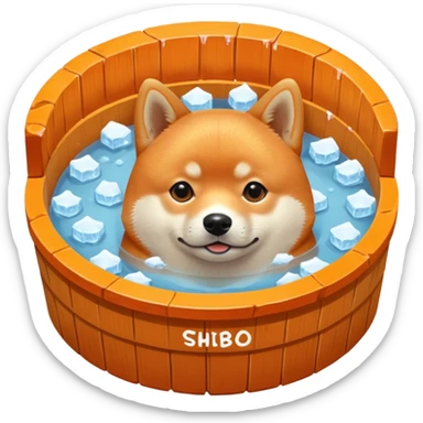 ice bath with a dog in id from wood round. write ice bath  on the ice bath and make it high quality. the dog is a shiba inu. the ice bath has a lot of ice and on the floor sticker
