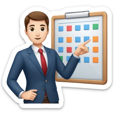 professional figure pointing at a task board or flowchart. The character wears business casual clothing sticker