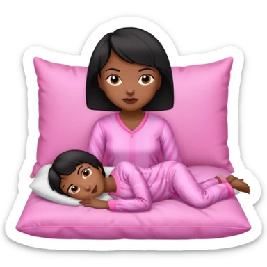 Dark skin Black woman with short  black bob  hair, pink pajamas laying on pillow just me  sticker