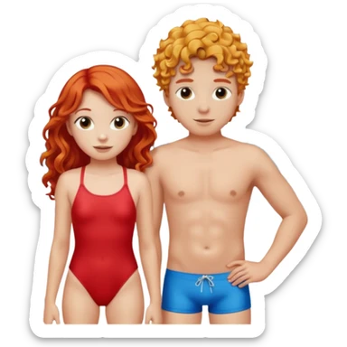 Long Straight Red hair Girl and curly blonde boy in swimsuit sticker