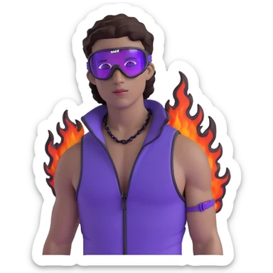 male athlete with white skin and moderately curly dark brown hair on top with shaved sides, wearing ski goggles with purple frames and very dark black lenses, a simple plain black chain necklace, and a completely unzipped sleeveless vest with purple and black sequin fire pattern design with no logo, fully revealing his chest, shoulders and arms, no earrings sticker