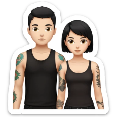 generate a fair boy with messy black hair, tattoos. standing beside a fair black haired girl wearing a black cami top and a boy with a buzz cut  sticker