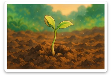 a sprouting seed breaking through soil, representing creation, ghibli style sticker