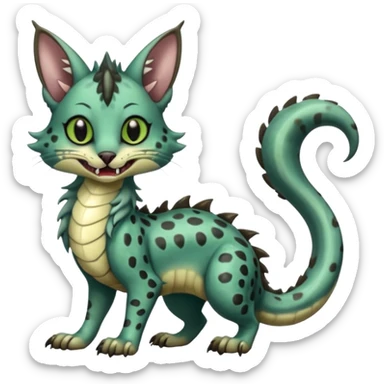 Realistic cute swampy greenish dark edgy spooky Flurry furry scary slimy oily glossy wet gloomy dusky scaly sergal-serval-possum-sphynx-Koi-sergal-fusion-animal-hybrid-creature with a snake-tail sticker