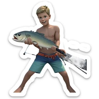 smiling boy fishing by ocean sticker