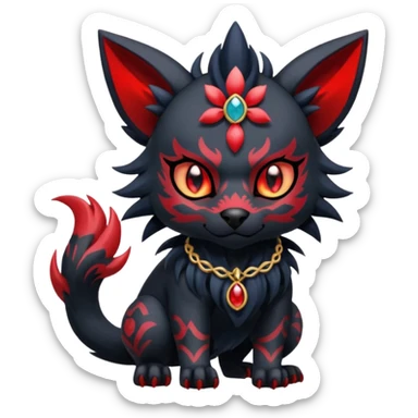 Asian-painted tattooed oriental Floral gothic edgy emo cool and ruby-jewelry-adorned Absol-Litten-Zorua-Houndour-fusion-Fakemon-animal-creature  sticker