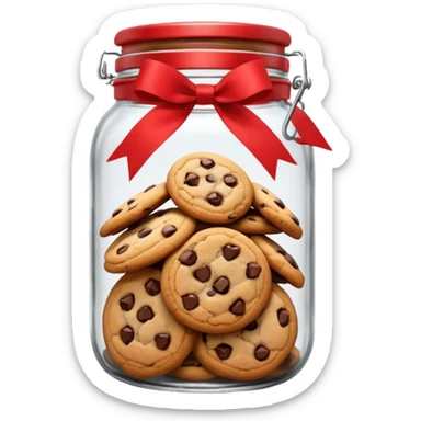 A chewy chocolate chip cozy cookie in an organized jar, saying "Cookie Jar" with some small illustrations on the jar to indicate there are cookies stored inside, a big red ribbon on the lid sticker