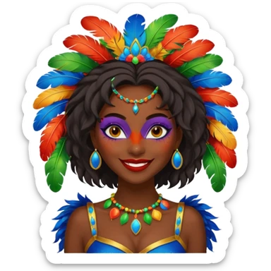 i need the same girl in "dark skin girl, dark red lipstick, nails very beautiful" to be smiling in "carnival mas costume, blue, green and orange preferably, full costume feathers at the back" she is to be smiling, hair should be dark shoulder length, black nail polish on her fingers  sticker