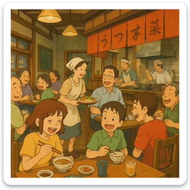 bustling anime restaurant scene with many cheerful customers, dynamic composition, Studio Ghibli style sticker