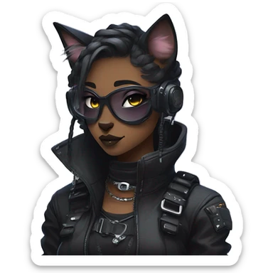 Gorgeous dark techwear cyberpunk style anthro cat sona, aesthetic, and pretty edgy black with collar and harness, trending style sticker