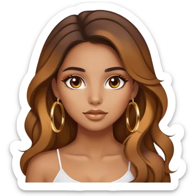 Latina girl medium tan skin with gold hoops and brown makeup beautiful hair down caramel highlights  sticker