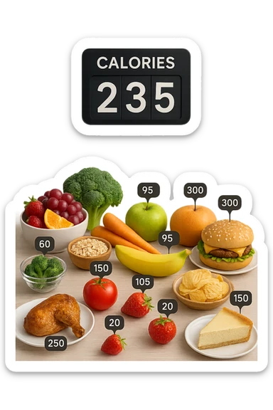 a digital calorie counter hovers above a variety of foods arranged on a table—fruits, vegetables, grains, meats, and desserts. Each food has a floating label showing its calorie content. The background is clean and modern, emphasizing the educational aspect of calorie awareness. sticker