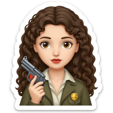 A brunette with long wavy, curly hair girl who is about to kill herself with a littlr gun pointed at her temple sticker