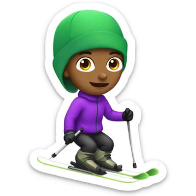 Boy skiing with green skis and a purple hat sticker