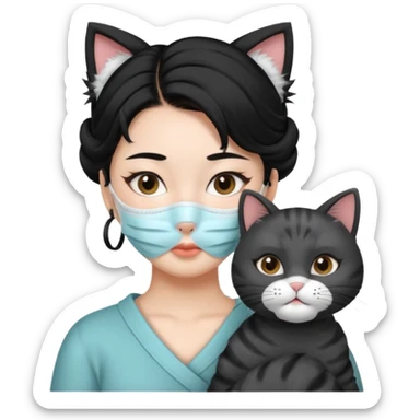Asian girl with updo black hair and with whole facial mask pack with one cat sticker
