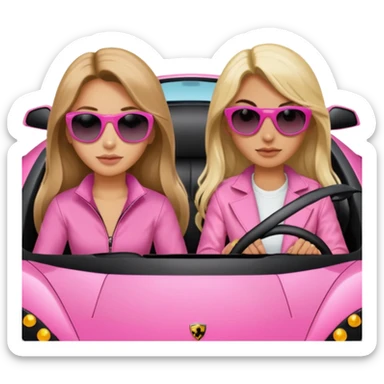 Add sunglasses full car front facing so I can see full car Car facing forward in sports car. Make hair long  two girls in car far away Front of car sitting in the seats. Make it a pink sports car. They are two baddies make it a Lamborghini pink car  sticker