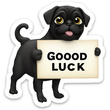 Black pug holding a sign that says good luck  sticker