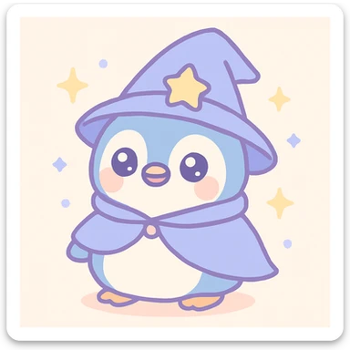 chubby penguin with a wizard hat and cloak, surrounded by sparkles, soft rounded illustration style, cute kawaii style sticker