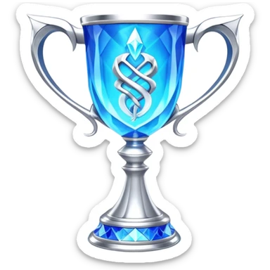 movie-accurate Triwizard Cup trophy from Harry Potter, identical to film prop, wide silver goblet with angular geometric facets, two large curved silver snake handles on opposite sides, bright ethereal blue glow sticker