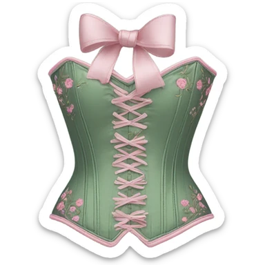 Sage green corset with flower embroidery and pink bows, isolated sticker