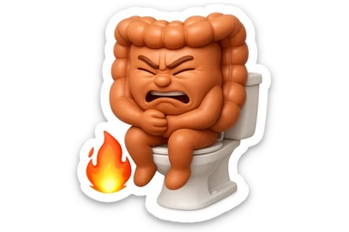 SU QUESTO STILE FAI UN EMOJI STILE IPHONE 3D DI UN INTESTINO CHE sta seduto sul wc e dal wc in mezzo alle sue gambe esce una fiamma stile emoji iphone, FAGLI UN ESPRESSIONE di dolore mentre si sforza E FALLO MOLTO REALISTICO IN 3D sticker