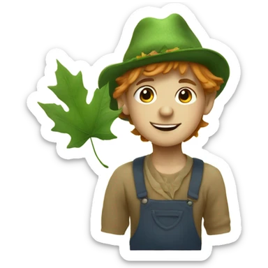 whimsical fairytale boy who is tiny and wearing a leaf hat sticker