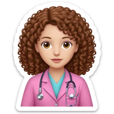 médica, cabelo castanho, pele branca, cabelo cacheado, cabelo comprido, roupa rosa sticker