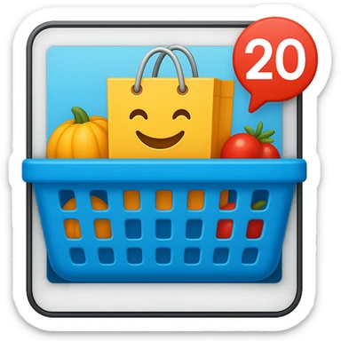 Create a high fidelity emoji style variant with smooth edges featuring a tablet instead of a monitor, keeping the shopping basket and emoji shopping bag as in the reference image. sticker