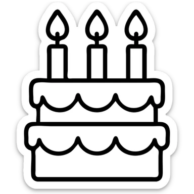 A birthday cake with lit candles and decorative frosting sticker