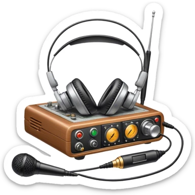 A photorealistic icon featuring a ham radio transceiver, headphones, microphone, antenna, and radio equipment like soldering tools and cables. The design includes detailed textures and realistic lighting, symbolizing the passion for amateur radio and communication. Transparent background. sticker