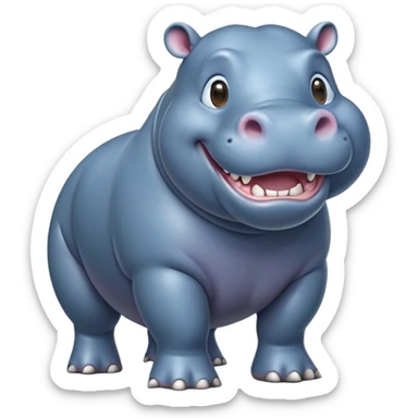 cinematic-hippo-realistic-full-body-side-view-standing-on-all-fours-emoji,-massive-round-frame,-wide-mouthed-grin-exposing-huge-teeth,-head-tilted-dramatically,-thick-greyish blue-hide-glossy, big cute eyes sticker